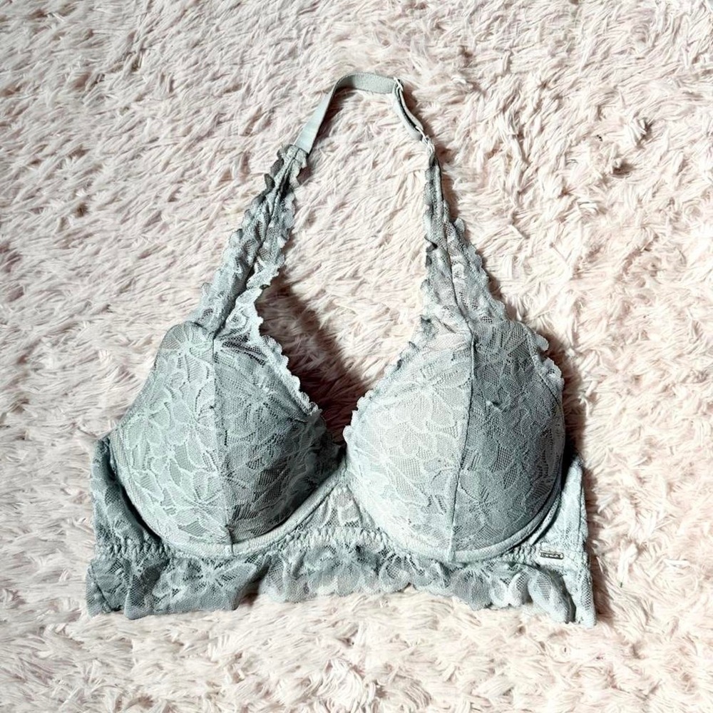 Victorias Secret PINK Gray Lace Preppy Varsity Campus Halter Bra Womens L Fairy